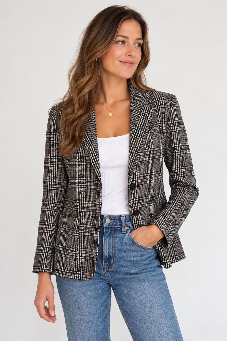 J McLaughlin Wool Blend Plaid Houndstooth Blazer Black Tan Preppy Size M